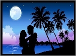 Noc, Księżyc, Morze, Plaża, Zakochani