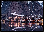 Norwegia, Lofoty, Morze, Góry, Skały, Zima, Domy, Oświetlone, Odbicie