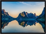 Poranek, Góry, Jezioro, Odbicie, Reinefjorden, Lofoty, Norwegia