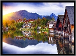 Jezioro Grundlsee, Styria, Austria, Domy, Góry, Wschód słońca, Odbicie