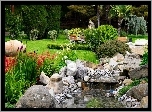 Ogród, Rzeczka, Kamienie, Kwiaty