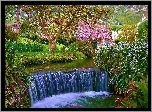 Park, Ogród, Mini Wodospad, Rzeczka, Drzewa, Kwiaty