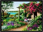 Ogród, Altanka, Kwiaty, Stolik, Krzesło