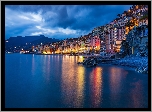 Wybrzeże, Oświetlone, Domy, Morze, Camogli, Liguria, Włochy