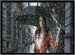 Śliczna, Dziewczyna, Parasol, Deszcz