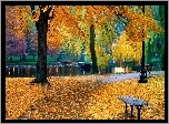 Park, Rzeka, Ławka, Jesień