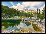 Triglavski Park Narodowy, Słowenia, Góry, Jezioro, Drzewa, Chmury