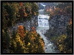 Rzeka Genesee, Wodospad, Drzewa, Park stanowy Letchworth, Stan Nowy Jork, Stany Zjednoczone, Skały, Jesień
