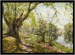 Obraz, Peder Monsted, Rzeka, Drzewo, Łódka, Ścieżka