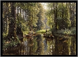 Obraz, Malarstwo, Peder Monsted, Rzeka, Las, Drzewa, Ludzie, Łódki, Szprewald 1913