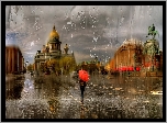 Petersburg, Kobieta, Parasolka, Deszcz, Ulica, Budowle