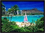 Plaża, Waikiki, Wyspa, Oahu, Hawaje, Katamaran