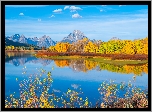 Stany Zjednoczone, Stan Wyoming, Góry, Teton Range, Rzeka Snake River, Park Narodowy Grand Teton, Drzewa, Odbicie