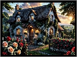 Dom, Ogród, Kwiaty, Róże, Promienie słońca, Grafika