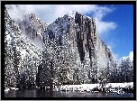 Góry, Rzeka, Drzewa, Zima, El Capitan, Yosemite, Kalifornia