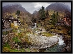 Szwajcaria, Dolina Valle Verzasca, Rzeka Verzasca, Góry, Domy, Wodospad Rzeka