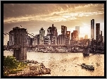 Drapacze Chmur, Nowy Jork, Stany Zjednoczone, Most, Brooklyn Bridge, Zachód Słońca, Rzeka
