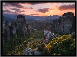 Grecja, Masyw skalny Meteory, Monastyr Varlaam - Klasztor Warłama, Skały, Zachód słońca