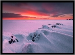 Finlandia, Północna Karelia, Joensuu, Jezioro, Zachód słońca, Zima, Śnieg, Skały