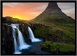 Skały, Wodospad, Zachód, Słońca, Islandia