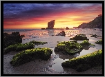 Hiszpania, Zatoka Biskajska, Plaża Aguilar, Morze, Skały, Zachód słońca