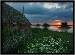 Rosja, Jezioro Ordosno, Wysepki, Drewniany, Dom, Kwiaty, Zachód słońca