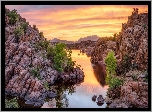 Skały, Drzewa, Jezioro, Watson Lake, Wschód słońca, Prescott, Arizona, Stany Zjednoczone