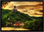 Zamek Reichsburg, Gmina Cochem, Rzeka Mozella, Niemcy, Wzgórze, Zachód słońca
