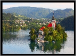 Słowenia, Bled, Jezioro, Drzewa, Łodzie, Zamek