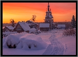 Wschód słońca, Cerkiew, Drewniane, Domy, Zima, Śnieg, Kimzha, Region archangielski, Rosja