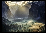 Stany Zjednoczone, Stan Kalifornia, Park Narodowy Yosemite, Góry, Las, Wodospad, Mgła, Wschód słońca
