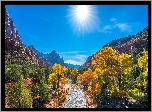 Stany Zjednoczone, Stan Utah, Park Narodowy Zion, Góry Watchman, Rzeka Virgin River, Kamienie, Drzewa, Promienie słońca