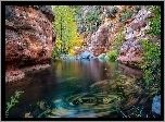 Stany Zjednoczone, Arizona, Sedona, Wąwóz Oak Creek Canyon, Rzeka Oak Creek, Skały, Drzewa