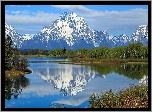 Stany Zjednoczone, Stan Wyoming, Park Narodowy Grand Teton, Rzeka Snake River, Góry, Szczyt Mount Moran, Drzewa, Odbicie