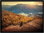 Szwajcaria, Kanton Ticino, Miasto Locarno, Góry Alpy, Jezioro Maggiore, Drzewa, Jesień, Wschód słońca