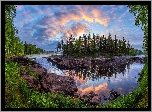 Rzeka Kiiminkijoki, Teren Koiteli, Kiiminki, Finlandia, Drzewa, Brzeg, Kamienie, Skały, Chmury
