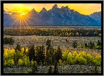 Stany Zjednoczone, Wyoming, Park Narodowy Grand Teton, Promienie słońca, Góry, Drzewa