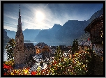Austria, Hallstatt, Jezioro Hallstättersee, Góry, Alpy Salzburskie, Kościół pw. Wniebowzięcia Matki Bożej, Domy