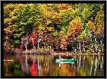 Jezioro, Wędkarz, Łódka, Las, Kolorowe, Drzewa, Jesień