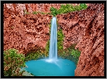 Stany Zjednoczone, Arizona, Park Narodowy Wielkiego Kanionu, Wielki Kanion Kolorado, Drzewa, Skały, Wodospad, Havasu Falls