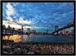 Świt, Chmury, Rzeka, Mosty, Panorama, Nowego, Yorku