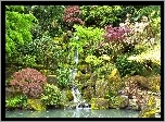 Wodospad, Strumyk, Kwiaty, Drzewa, Ogród