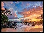 Hawaje, Wyspa Maui, Morze, Zachód słońca, Palmy, Plaża