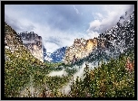 Stany Zjednoczone, Stan Kalifornia, Park Narodowy Yosemite, Dolina Yosemite Valley, Góry, Las, Mgła