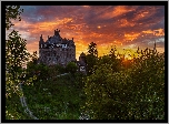 Zachód słońca, Zamek, Schloss Berlepsch, Droga, Drzewa, Witzenhausen, Niemcy