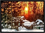 Zima, Zachód Słońca, Drzewa, Domy, Ogrodzenie