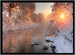 Zima, Rzeka, Drzewa, Śnieg, Wschód słońca