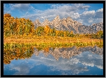 Park Narodowy Grand Teton, Rzeka, Snake River, Góry, Teton Range, Drzewa, Jesień, Chmury, Stan Wyoming, Stany Zjednoczone