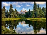 Park Narodowy Grand Teton, Wyoming, Stany Zjednoczone, Góry, Rzeka, Drzewa, Odbie