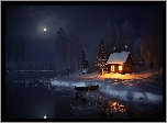 Zima, Noc, Dom, Łódka, Jezioro, Śnieg, Księżyc, 2D